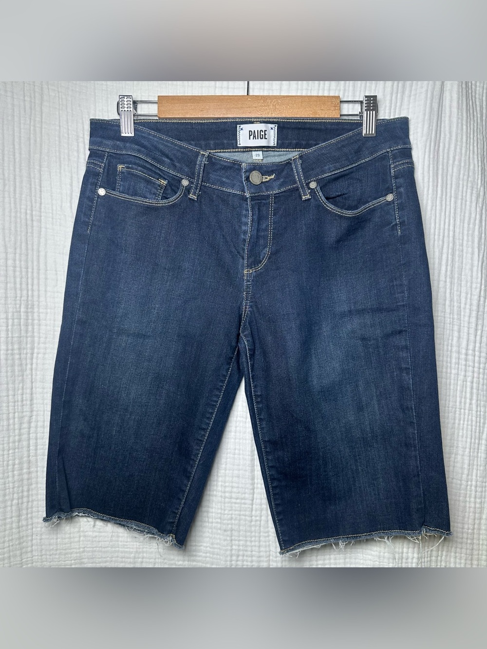 Paige Denim Bermuda Shorts Womens 29 Dark Wash-Raw Hem-Stretch-Casual-Modest